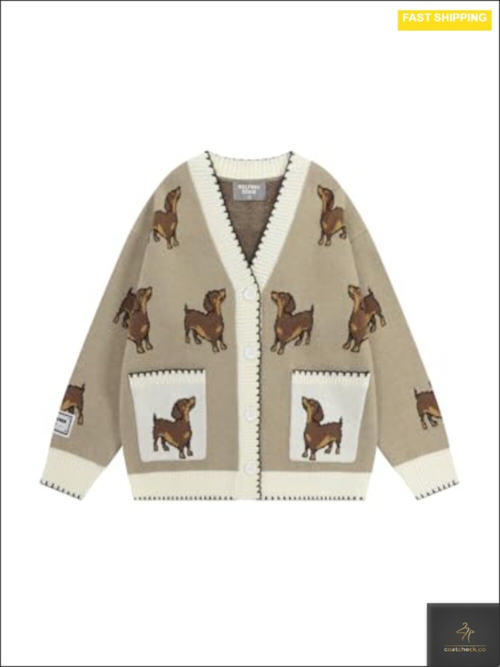 Y2K Hand Drawn Dachshund Jacquard V-Neck Long Sleeve Button Down Cardigan